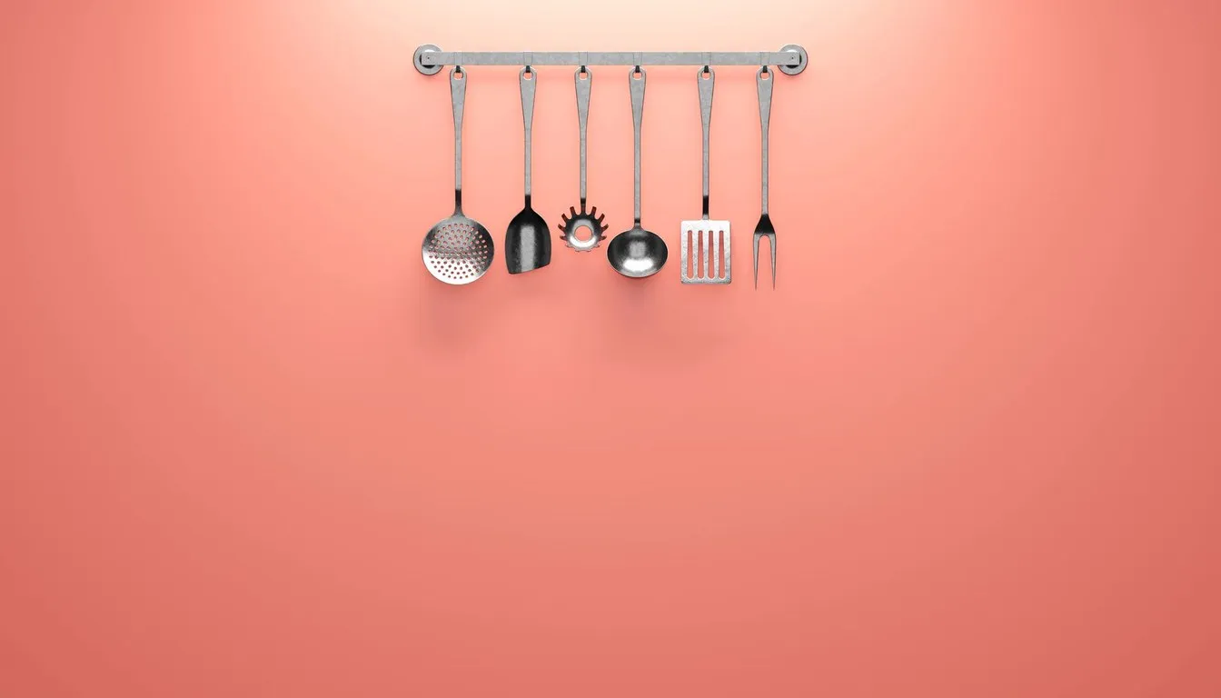 Kitchen utensils including a slotted spoon hanging from a rail