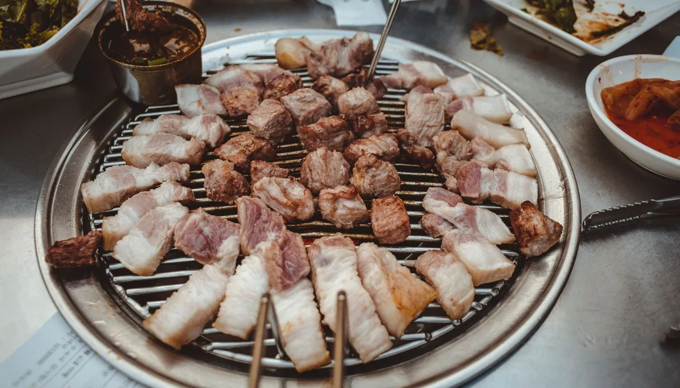 Sliced pork grilling on a round tabletop grill