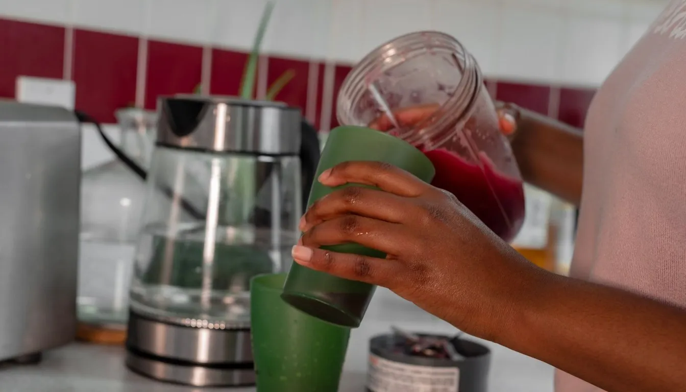Smoothie being poured from a blender jar into a cup