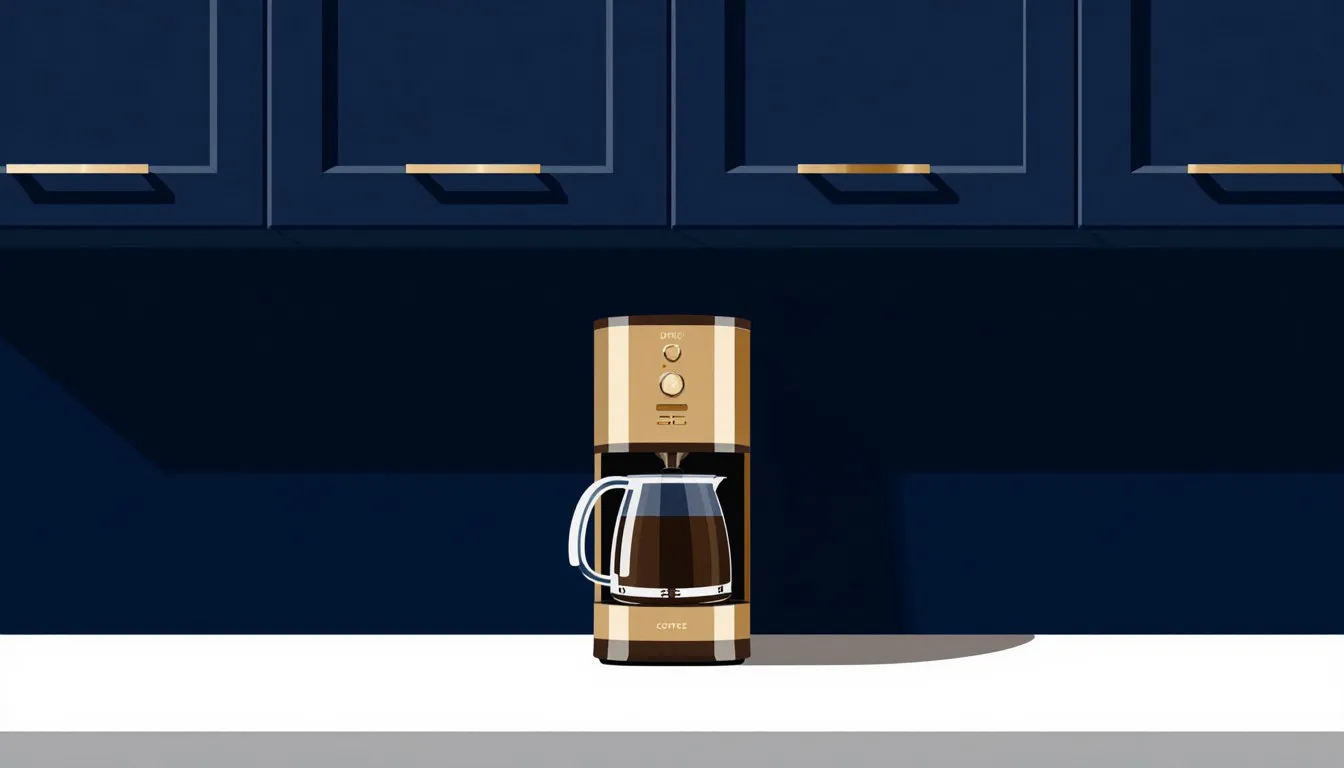 Slim drip coffee maker on a counter under dark cabinets