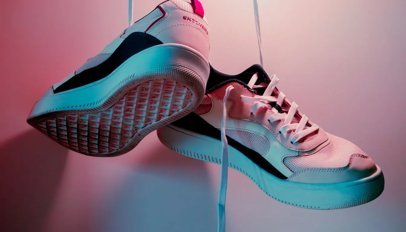 Pink sneakers hanging by their laces