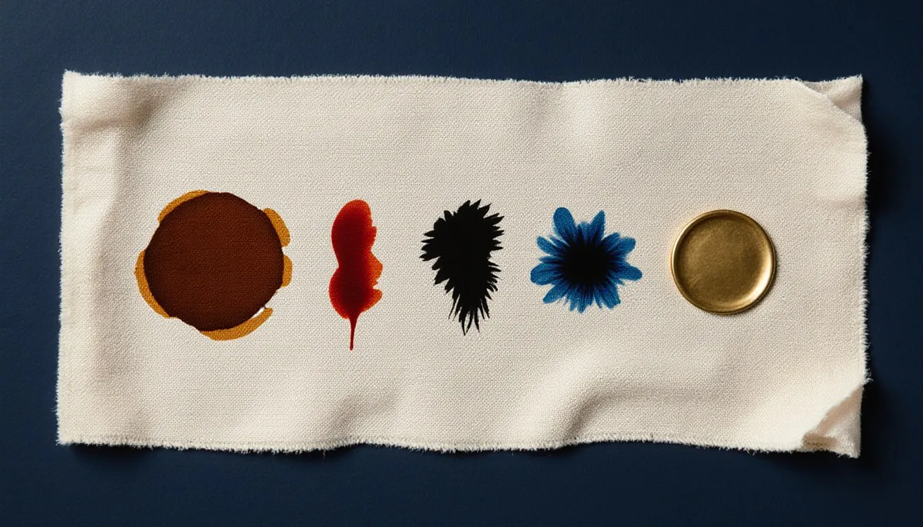 Five different stain types, coffee ring, blood drip, oil blotch, ink smear, and wax, arranged on fabric