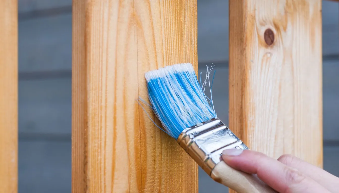 Brush applying stain to a wood fence