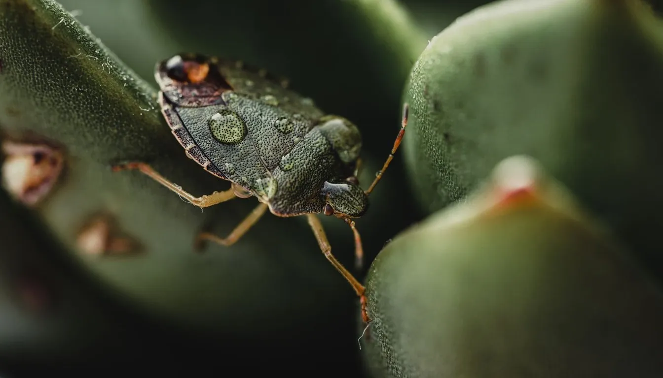 Green stink bug on a succulent leaf