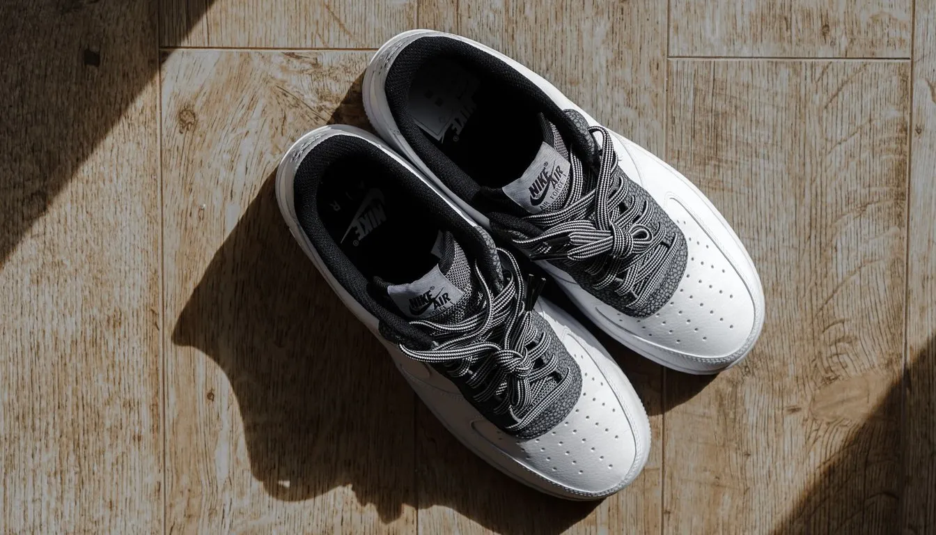 Pair of white sneakers on a wooden floor