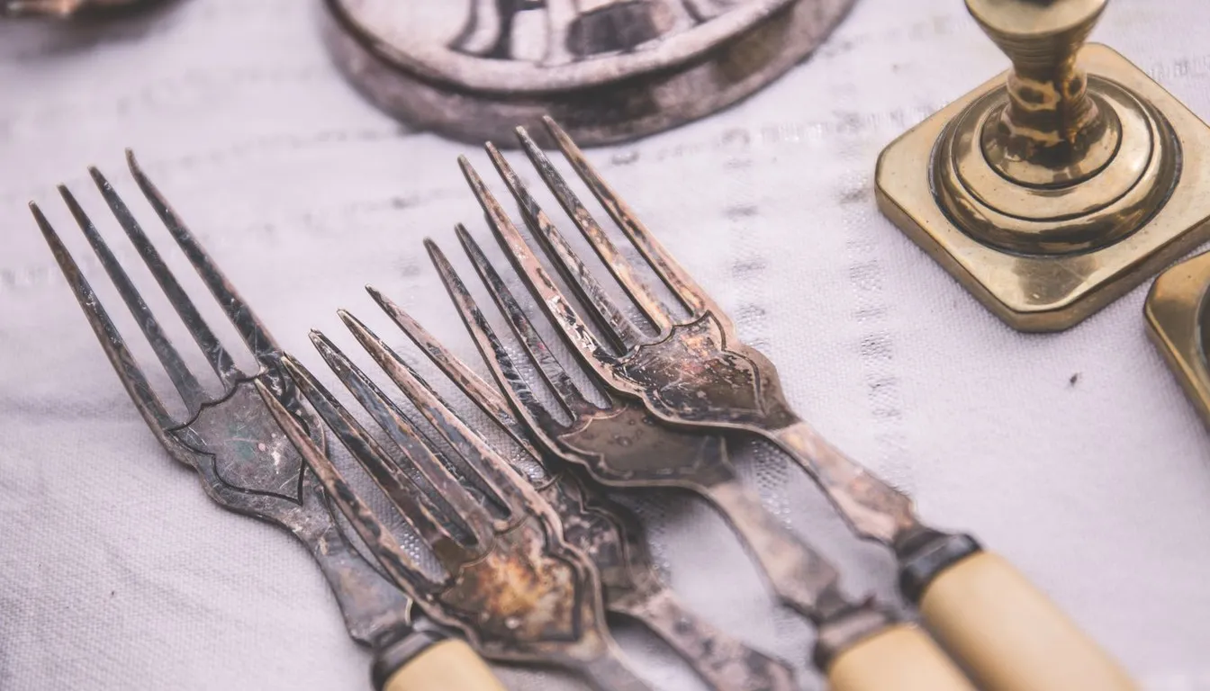 Tarnished silver forks resting on a cloth