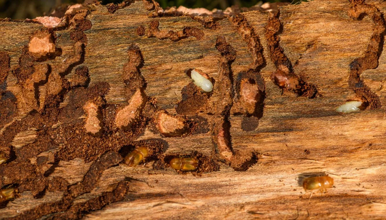 Termites tunneling through damaged wood