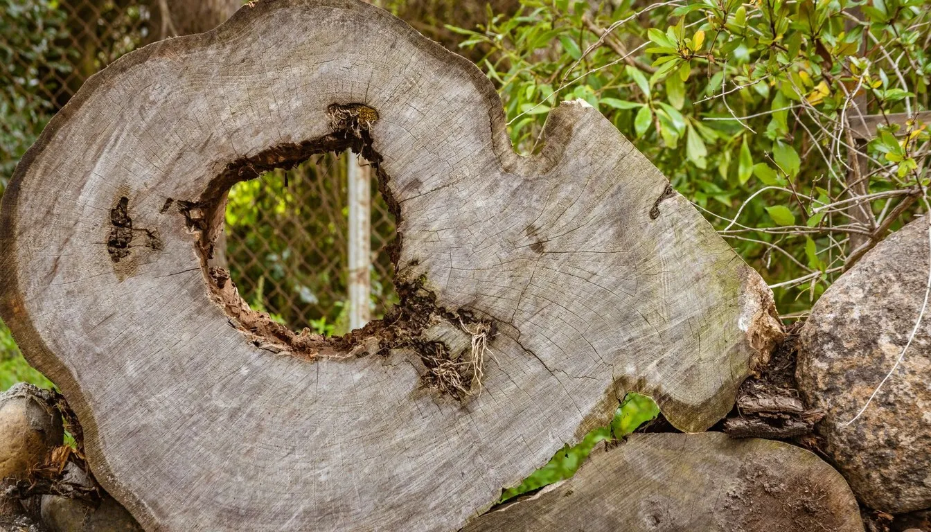Weathered wood riddled with insect tunnels
