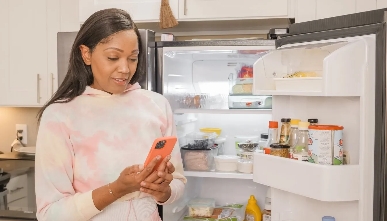 Woman checking her phone in front of an open refrigerator