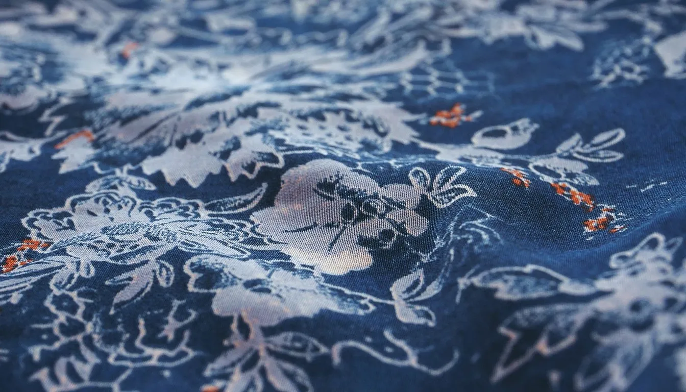 Blue fabric with a woven white floral damask pattern