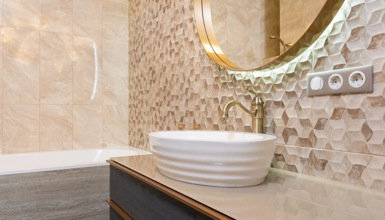 Bathroom vanity with tiled walls