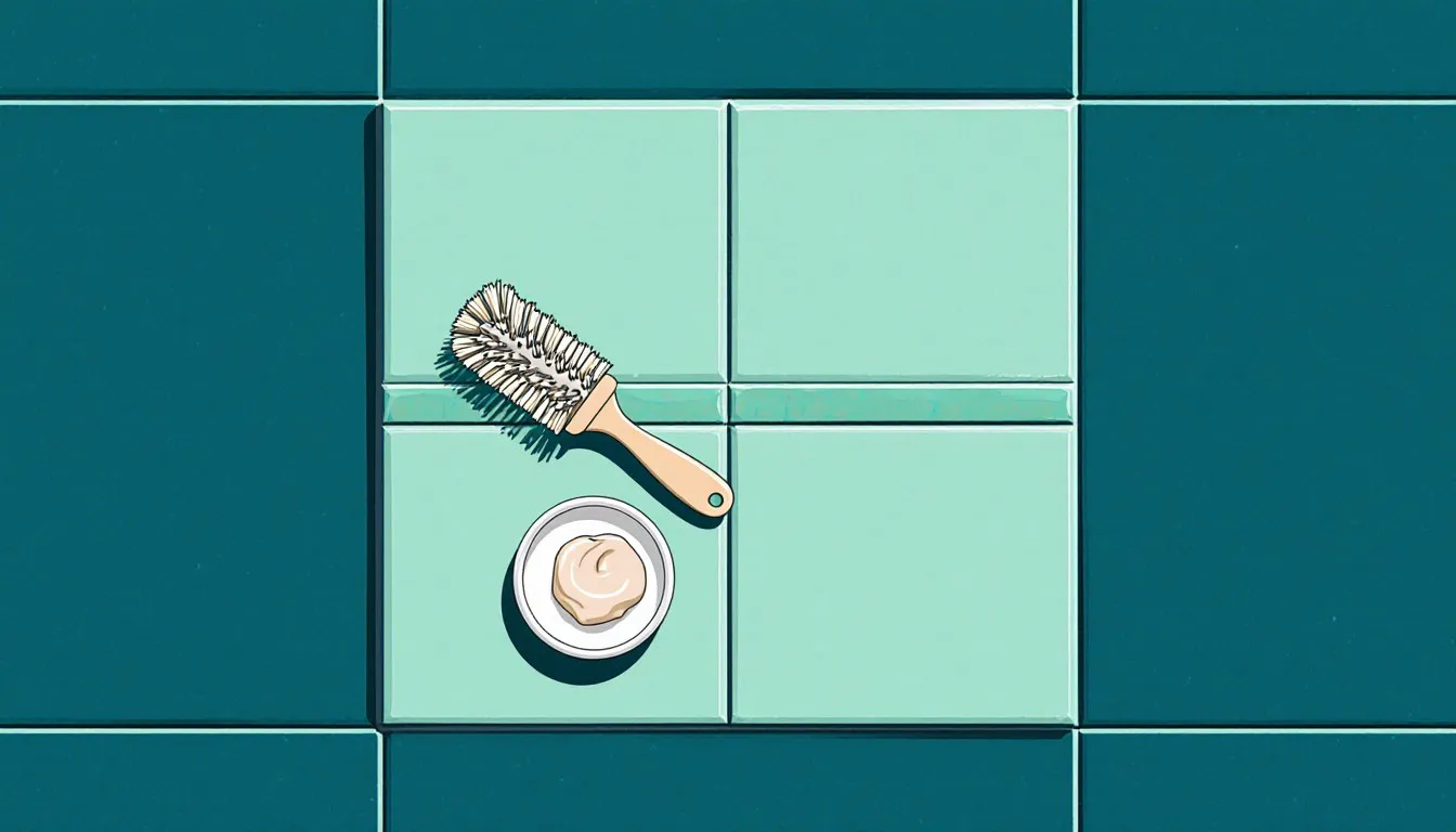 A soft brush and a dish of cleaning paste resting on tile, beside a slightly dulled grout line