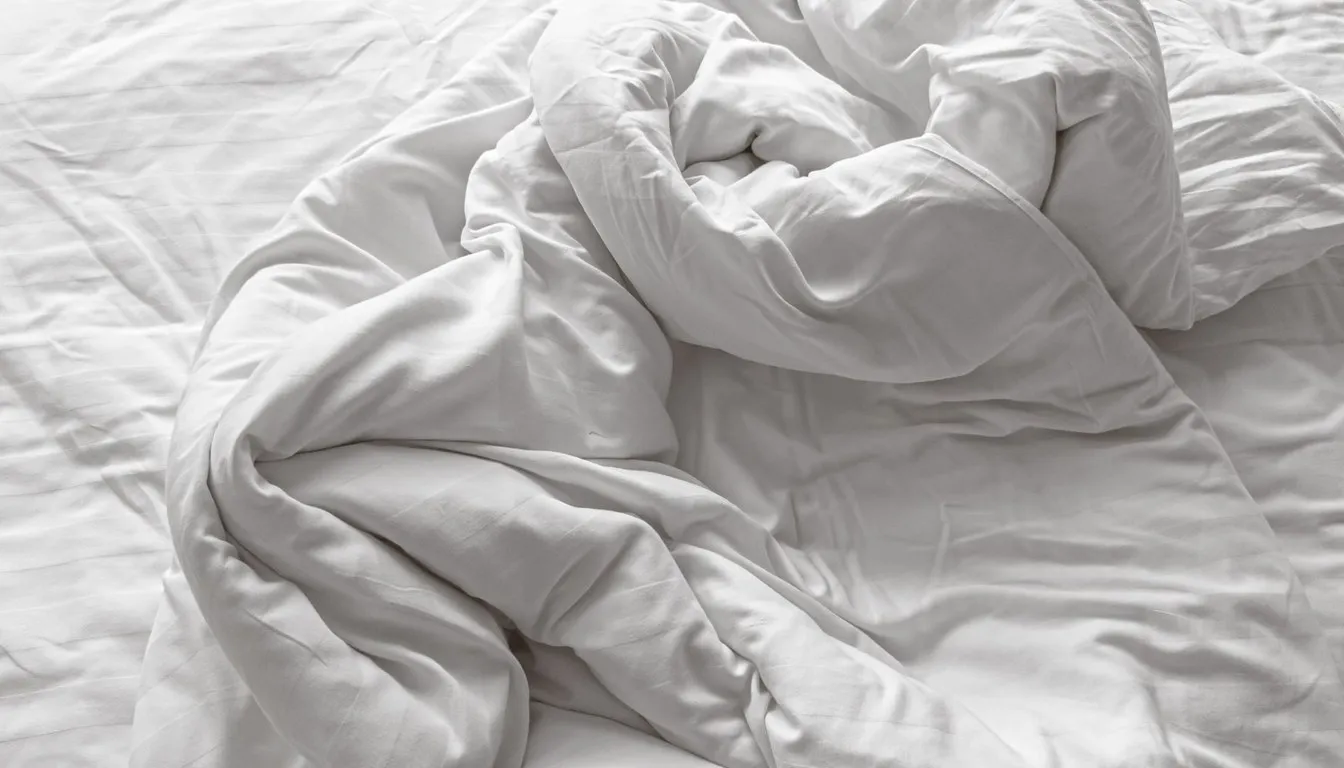 Rumpled white duvet on a bed