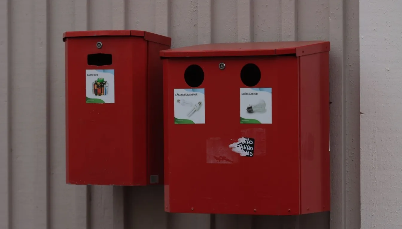 Two red wall-mounted battery and bulb recycling boxes