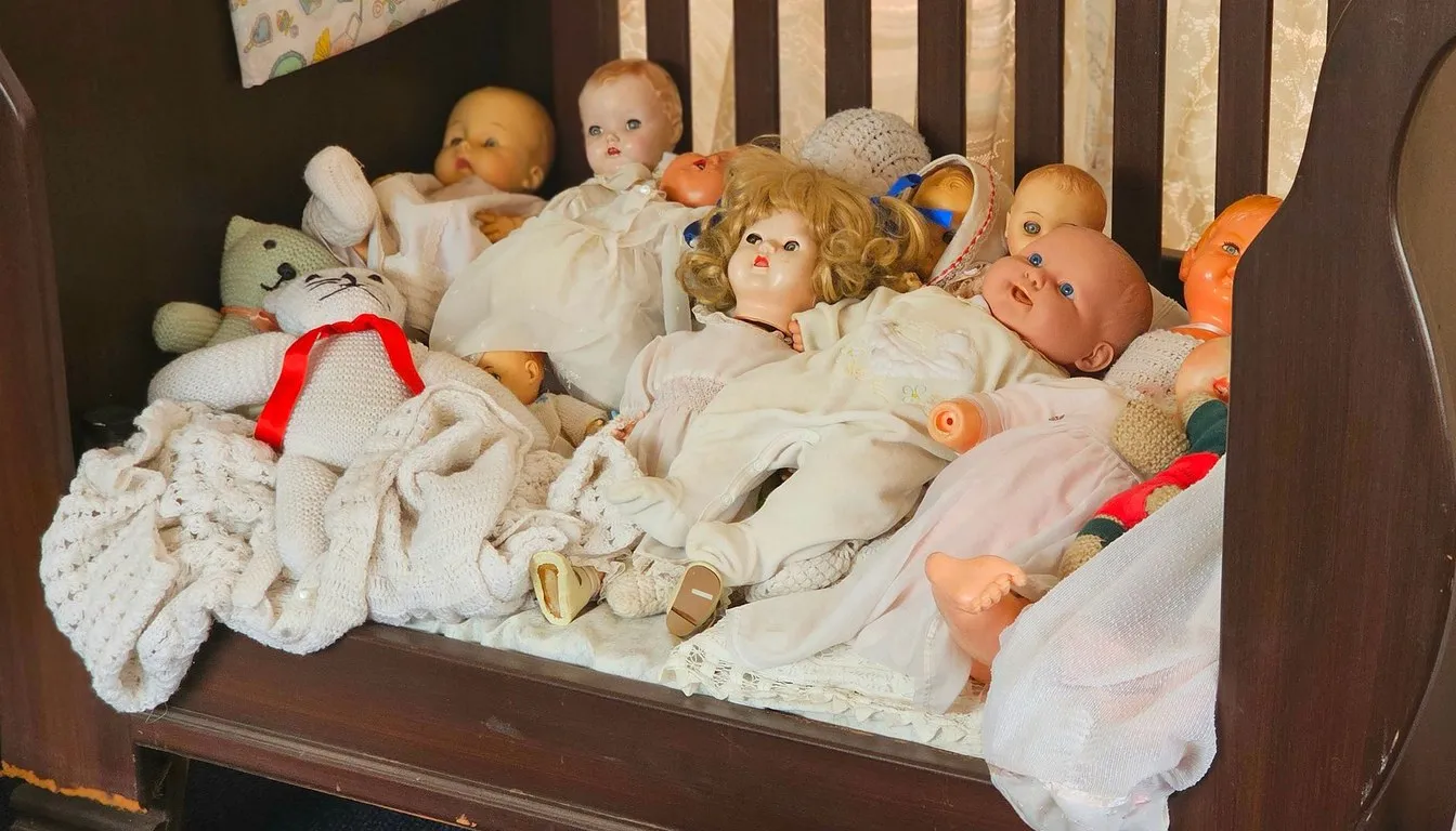Antique porcelain dolls in lace dresses lying in a wooden crib