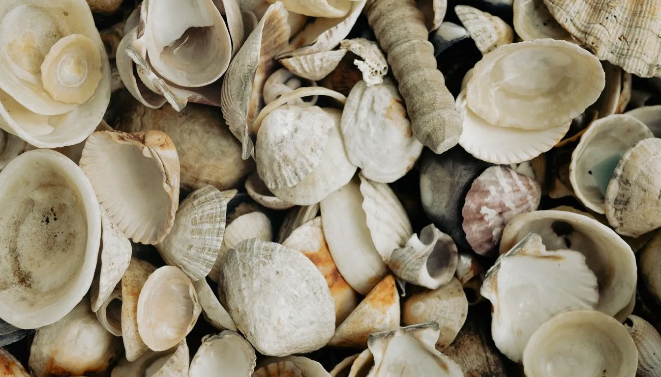 Assorted white and cream seashells including conch shells