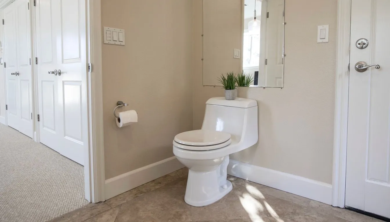 Bathroom with a white toilet and open doors