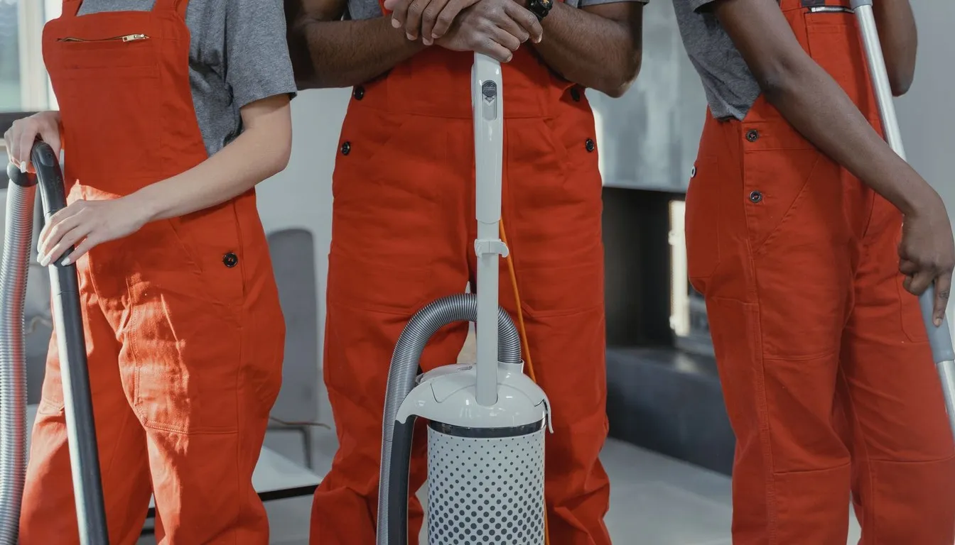 Cleaning crew in orange overalls with vacuums