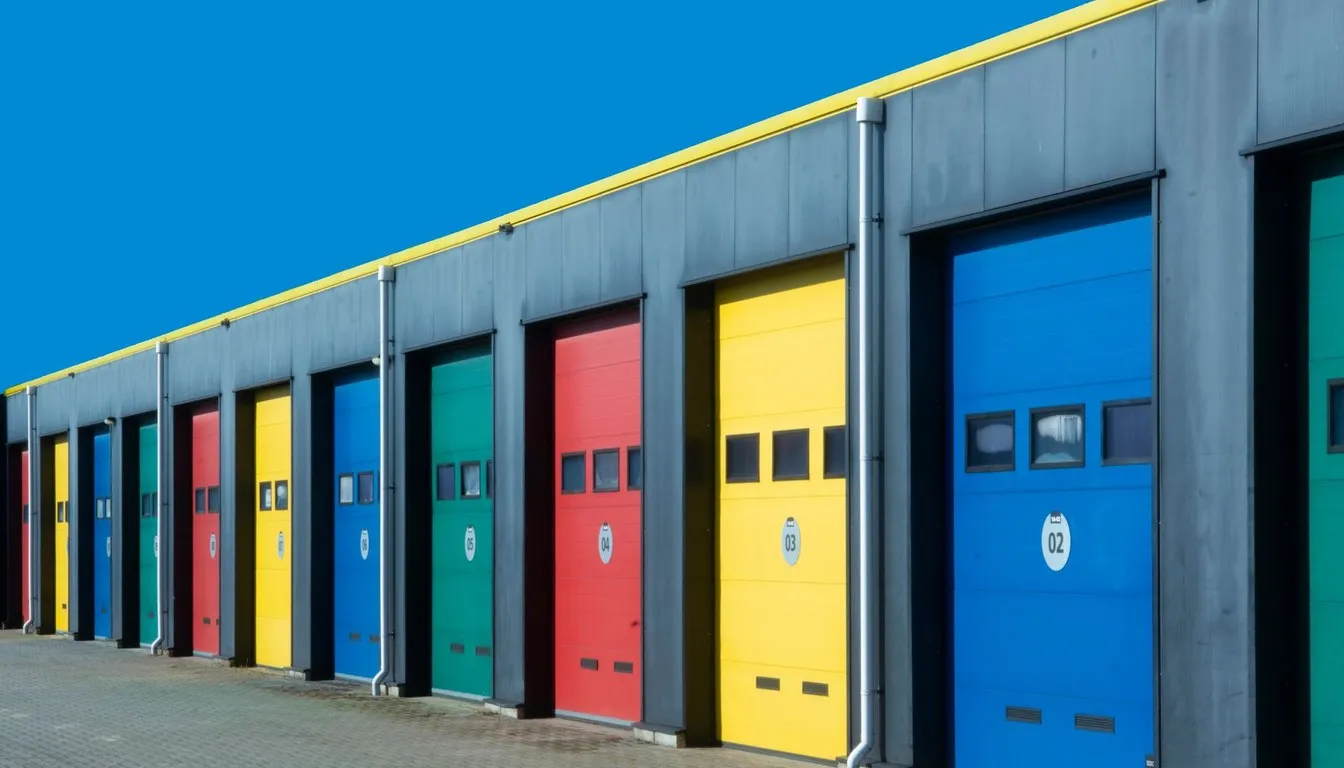 Row of colorful garage doors