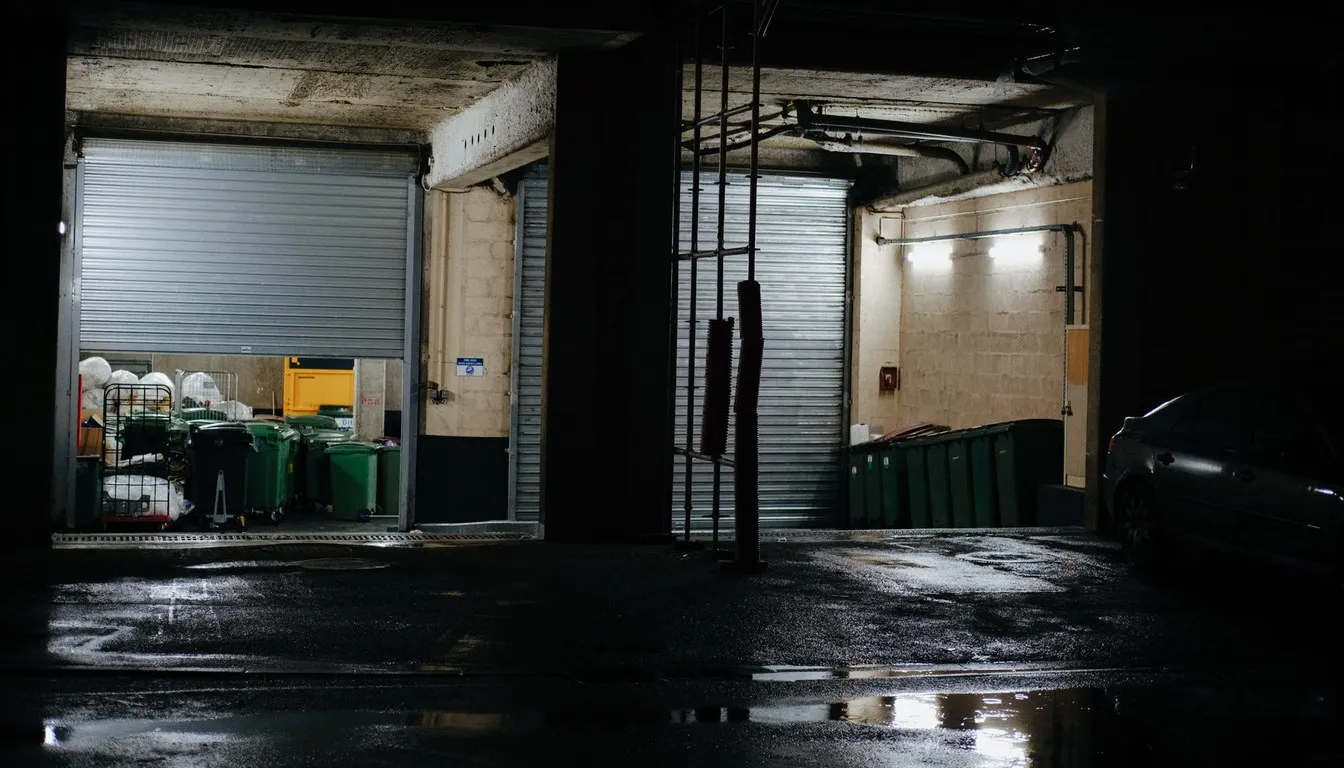 Roller garage doors in a dimly lit parking garage