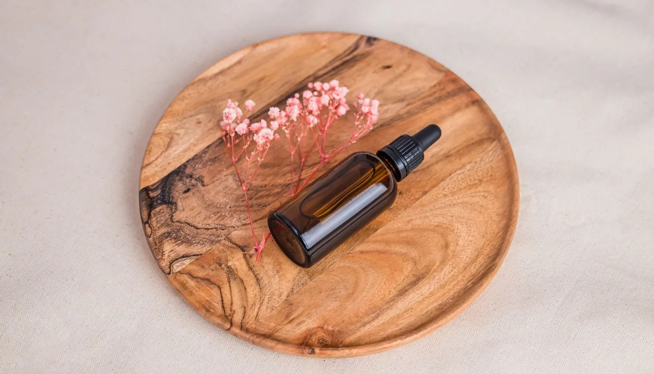 Small amber oil bottle resting on a round wooden board