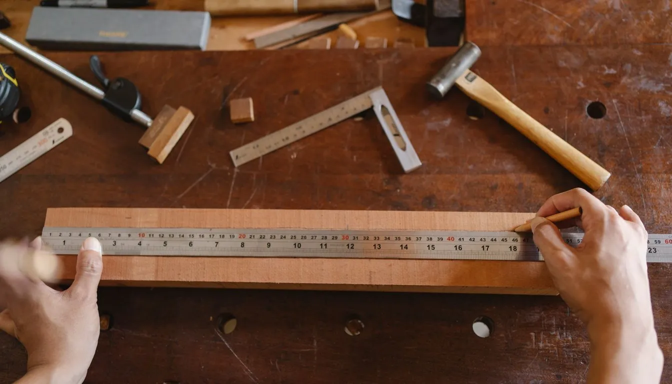 Workbench with ruler, square, and hammer