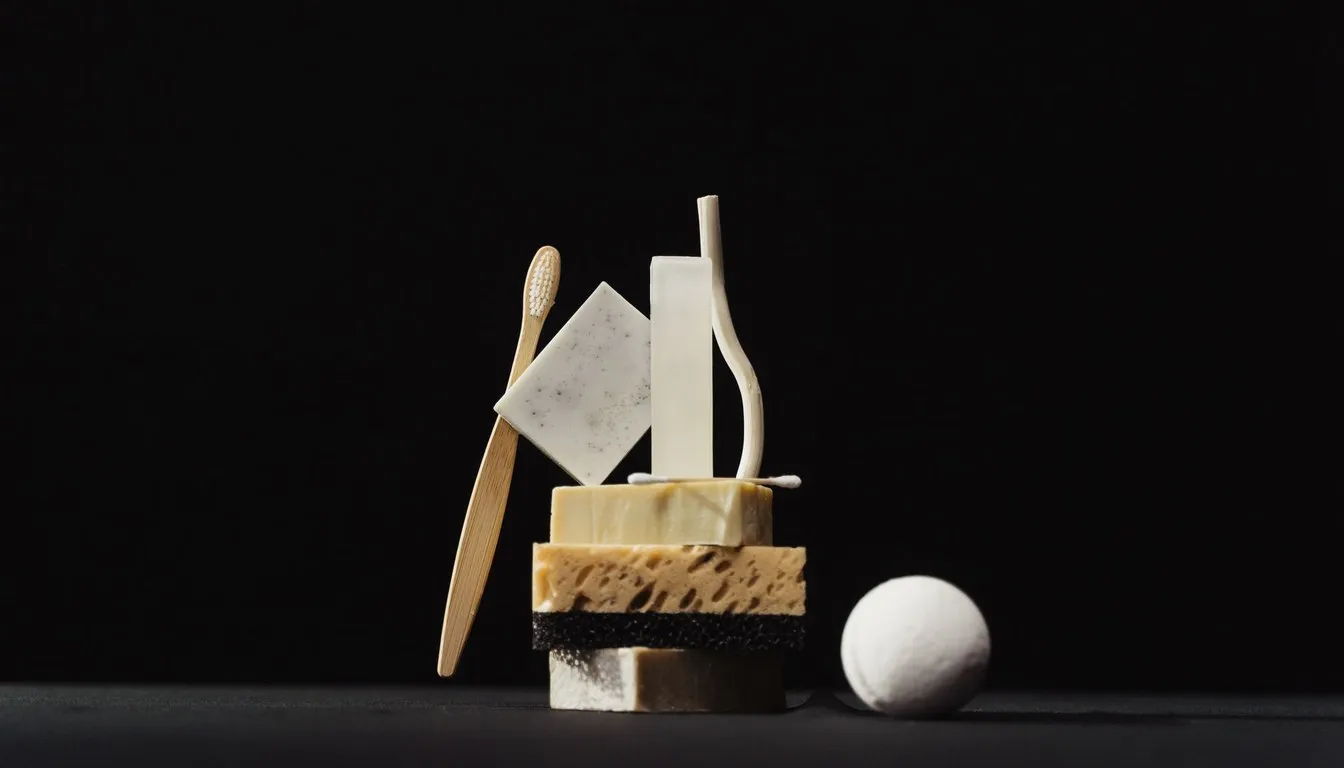 Cleaning sponges and brushes arranged on a dark surface