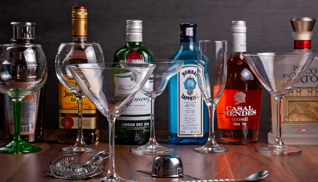 Bar with cocktail shaker, spirits, and martini glasses