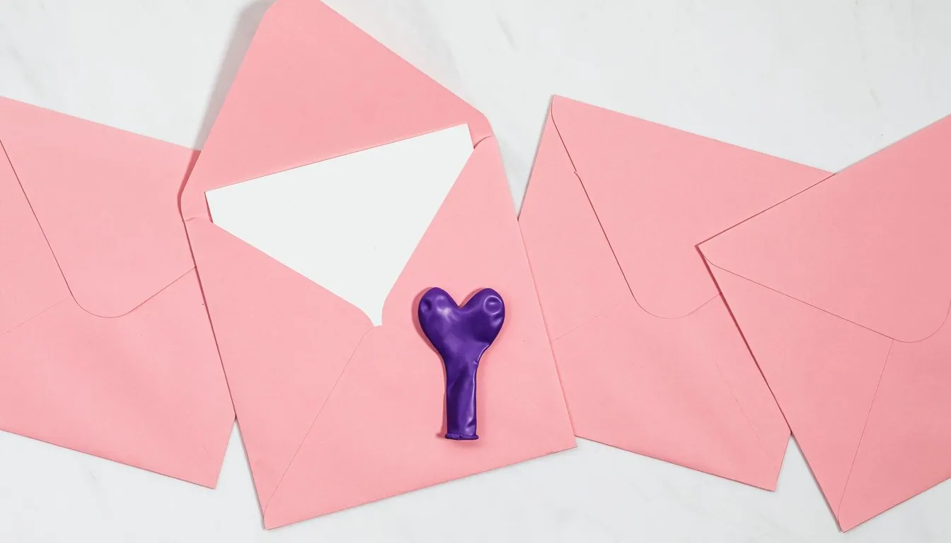 Pink paper envelopes arranged on a white surface