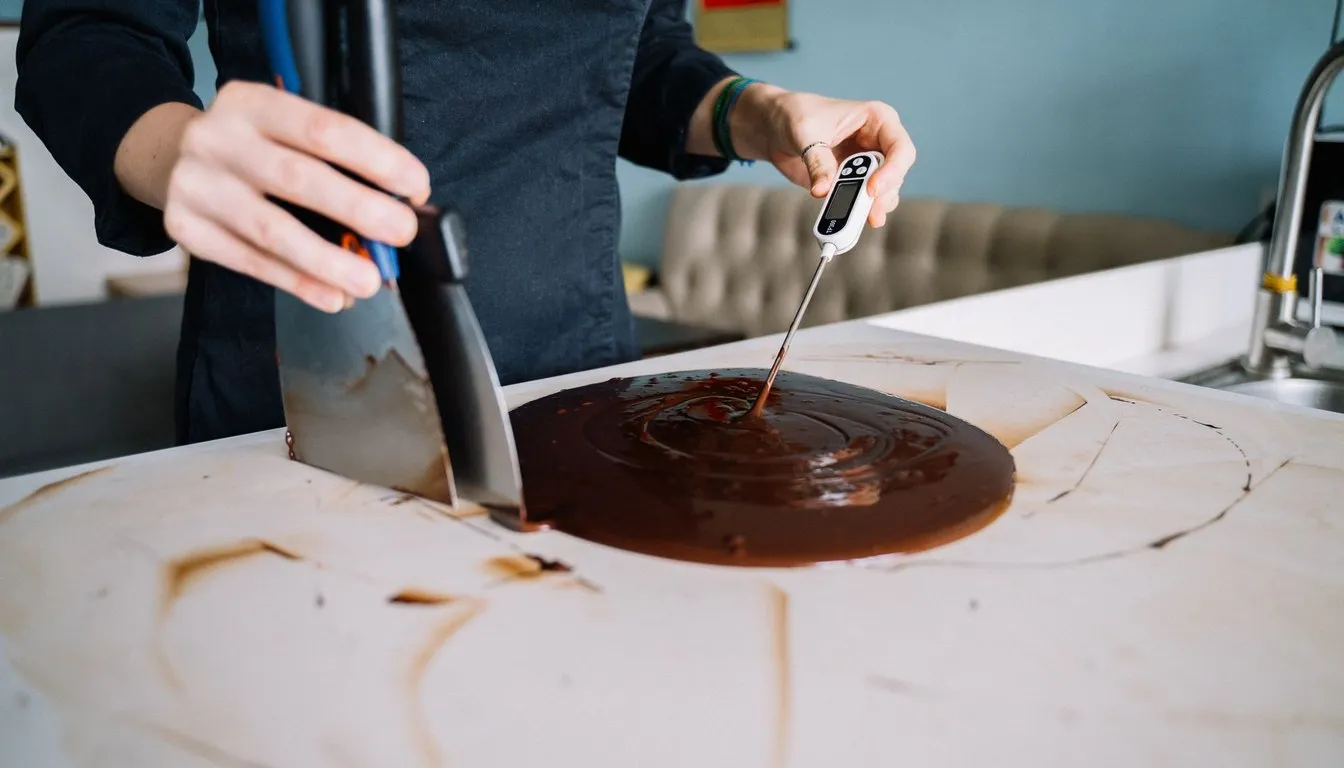 Probe thermometer reading melted chocolate