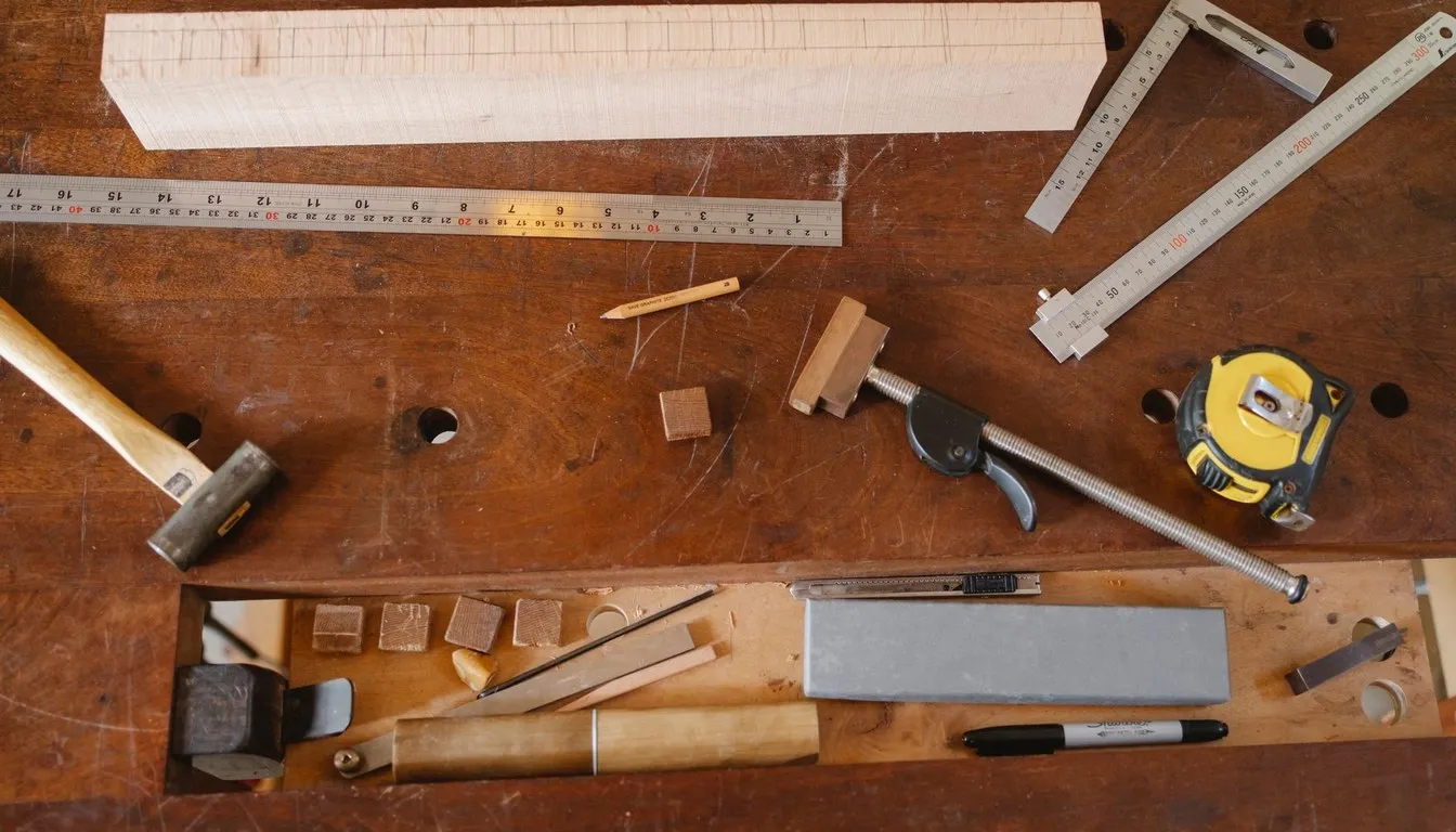 Hammers, rulers, and hand tools laid out on a workbench