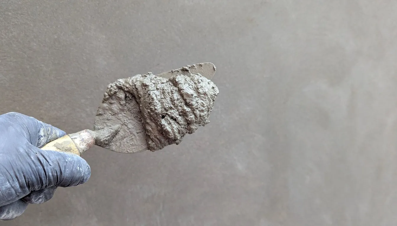 Gloved hand holding a trowel of wet cement