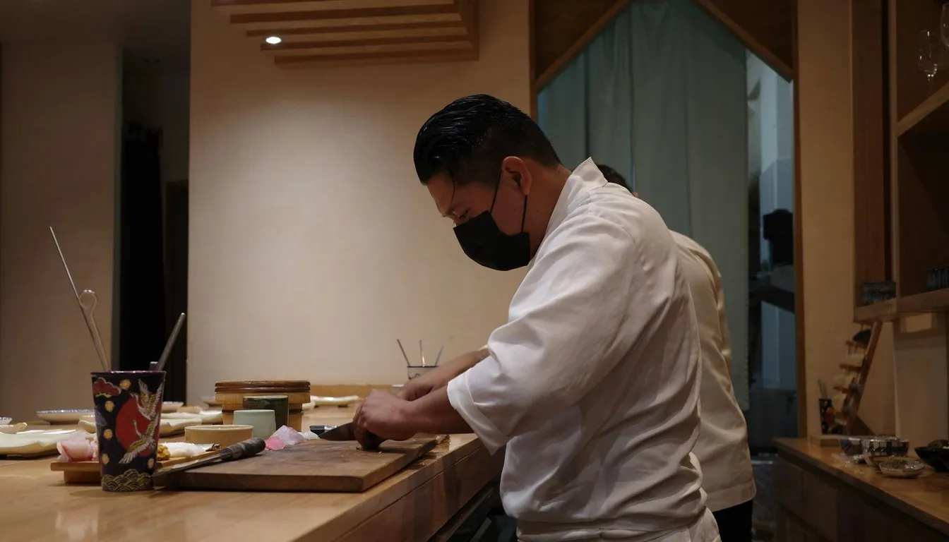 Sushi chef preparing fish at a counter