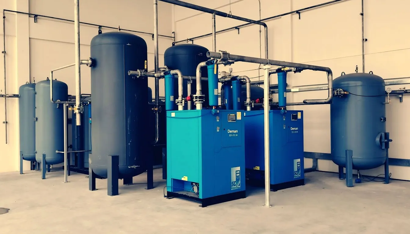 Industrial air compressors and receiver tanks in a plant room