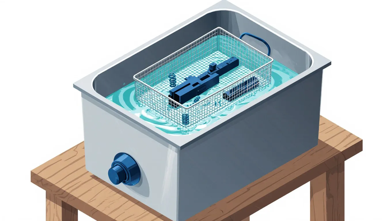Ultrasonic cleaning tank on a workbench with parts in its wire basket