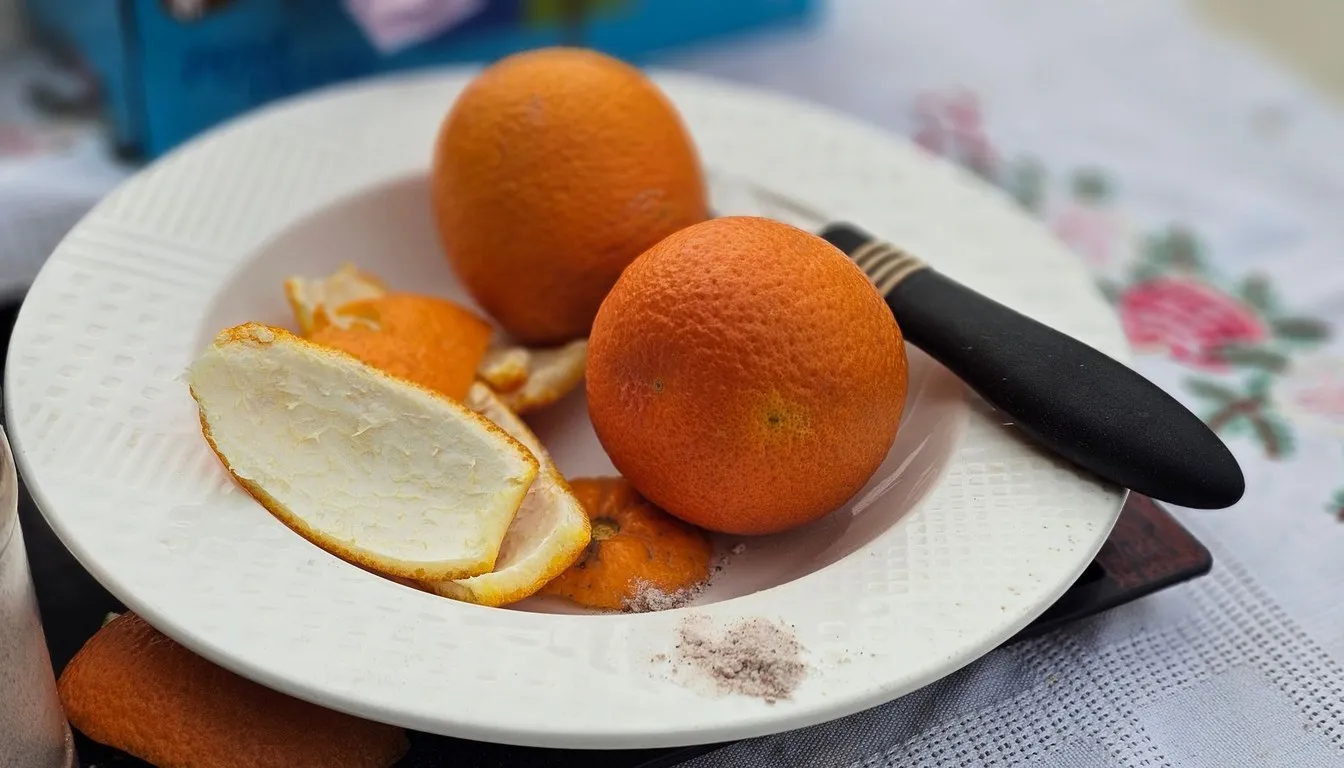 Peeled oranges and strips of orange peel on a white plate with a knife
