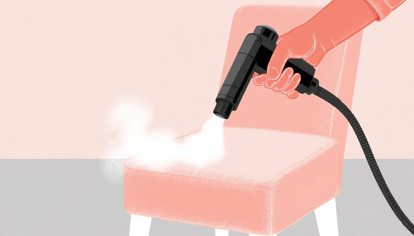 Steam cleaner wand treating an upholstered chair