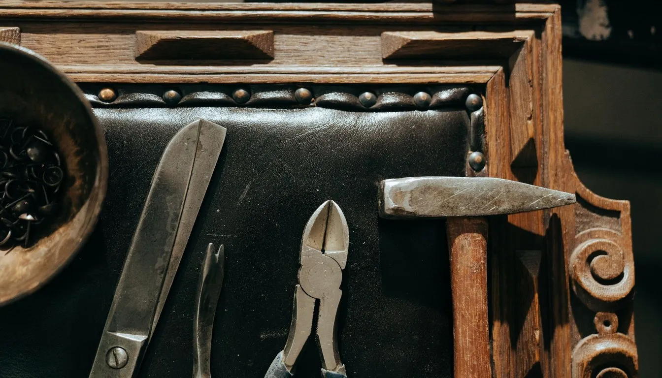 Antique tools and tack-trimmed leather upholstery