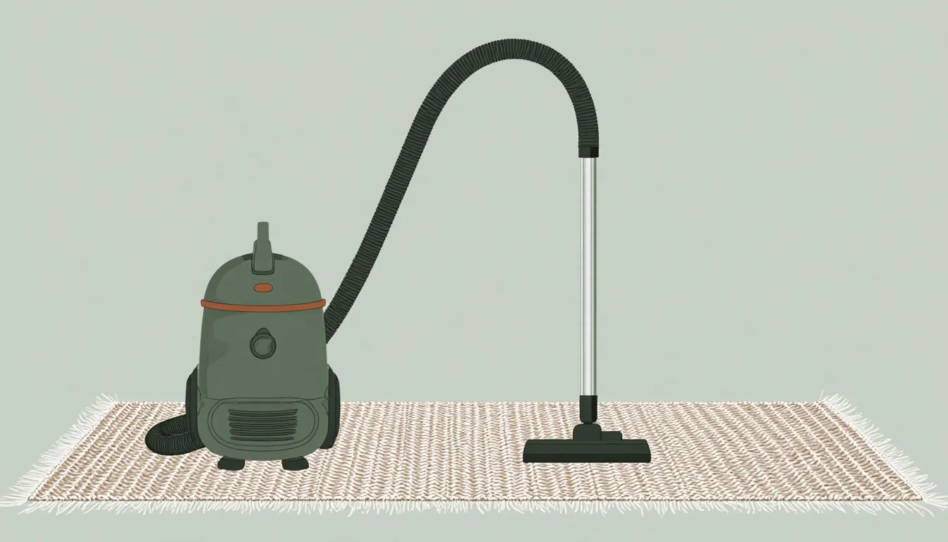 Canister vacuum with its hose and floor tool on a rug