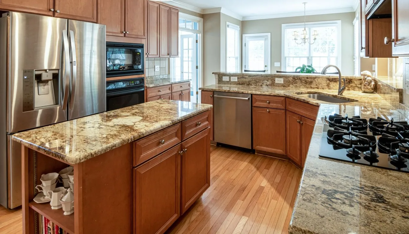 Kitchen with granite countertops and island