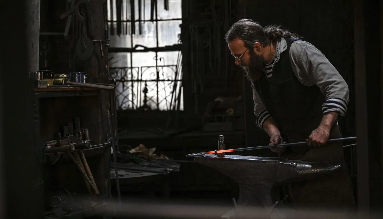Blacksmith hammering hot metal on an anvil