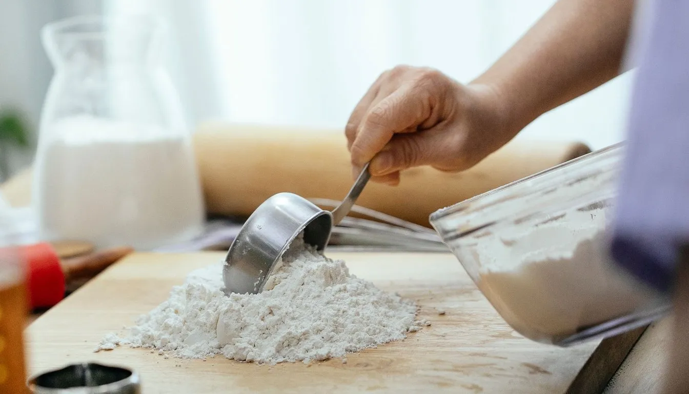 Hands scooping cornstarch from a glass container with a measuring cup