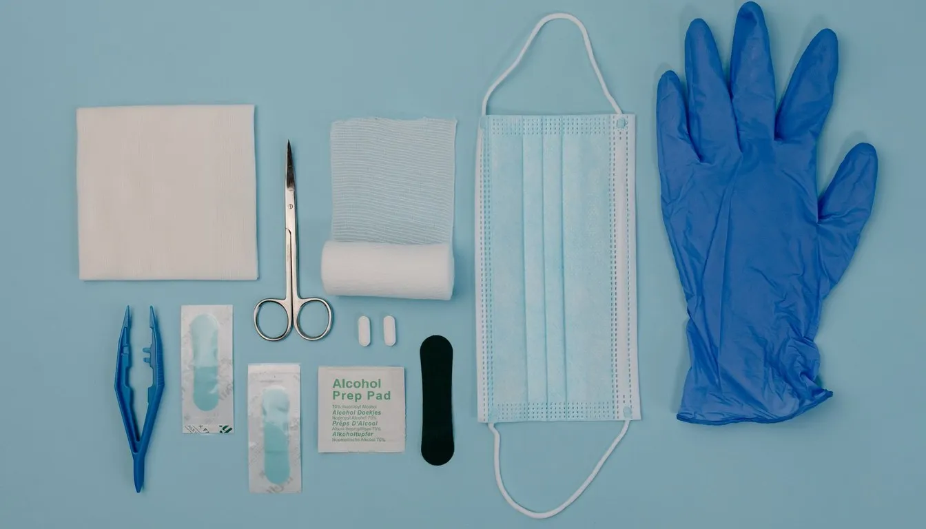 Flat lay of gauze, gloves, mask, and alcohol prep pads