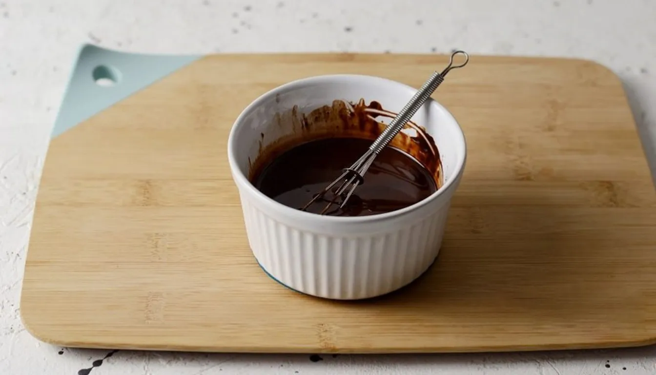 Melted chocolate in a bowl with a whisk on a cutting board