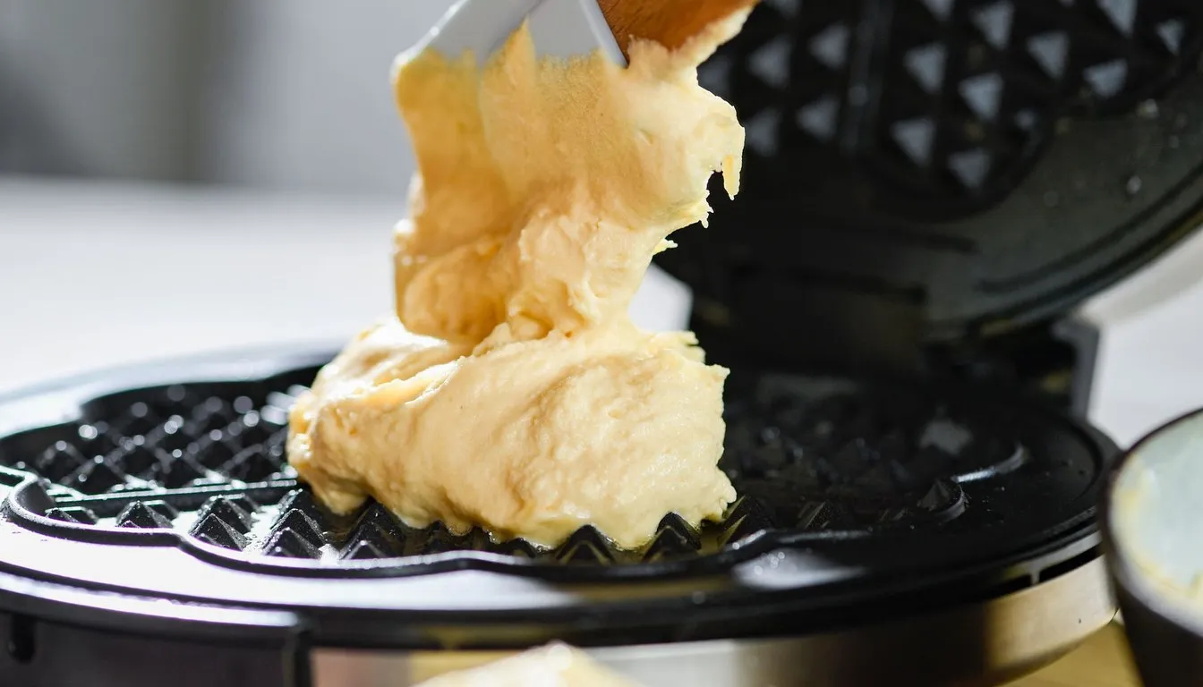 Batter spilling over a round waffle maker plate