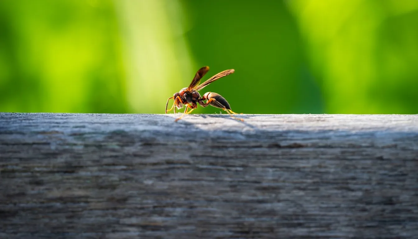 Wasp perched on a weathered wooden beam
