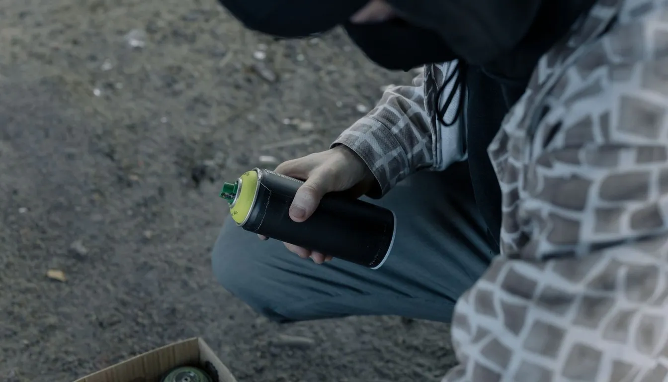 Person crouching while holding an aerosol spray can