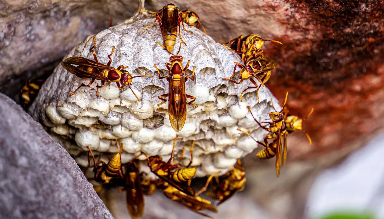Paper wasps crowded on their nest