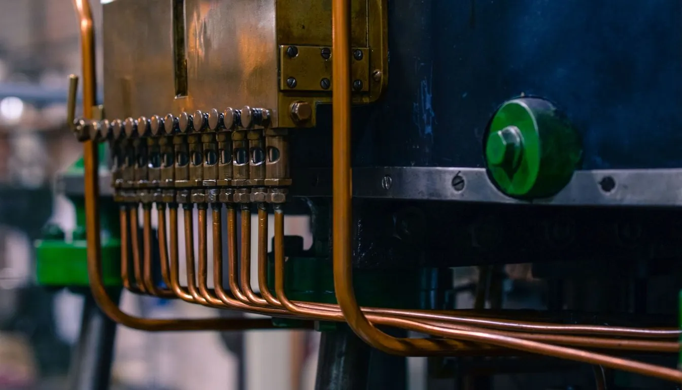 Copper pipework and valves on industrial equipment