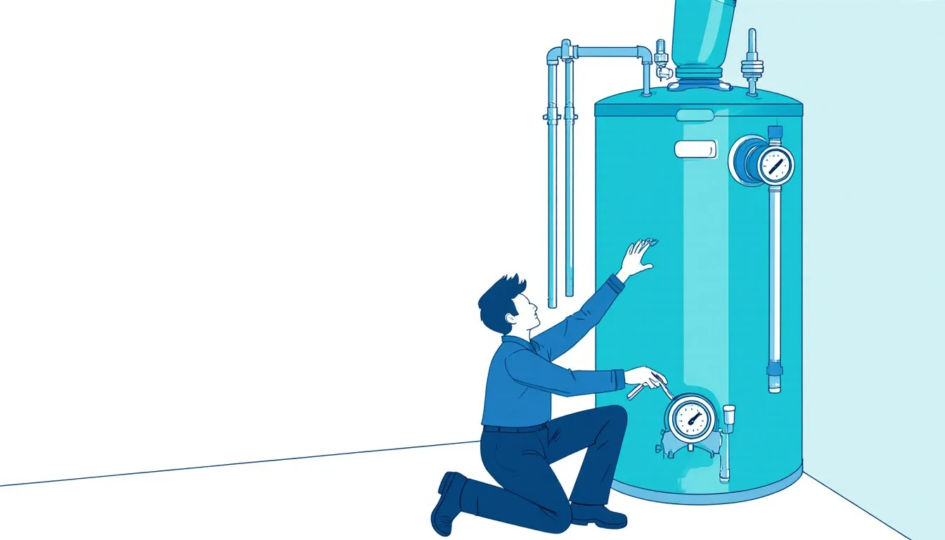 A technician checking a tank water heater